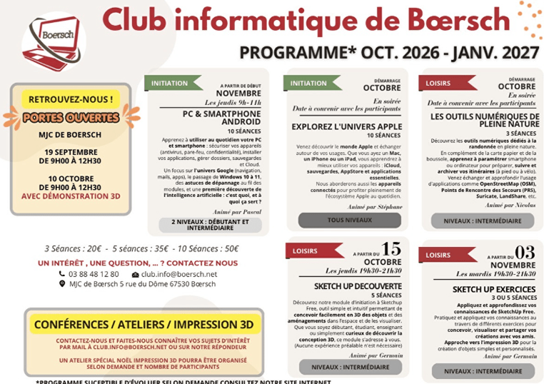 Club informatique de Boerch – Programme octobre 2026 – janvier 2027